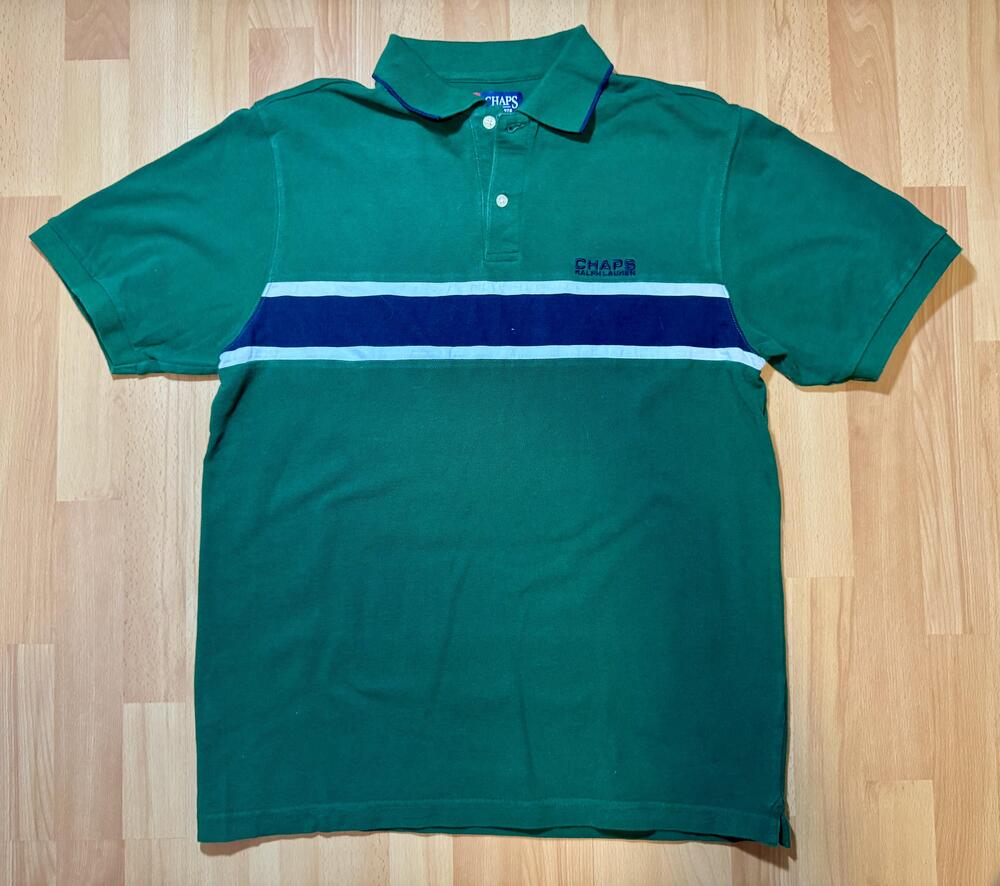 Chaps Ralph Lauren Polo Shirt Mens Large Green Blue Stripe Classic 100% Cotton